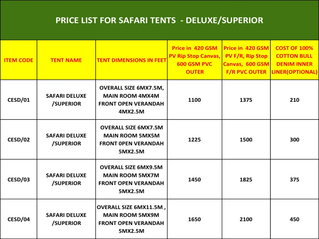 SAFARI TENTS SUPERIOR PRICE LIST