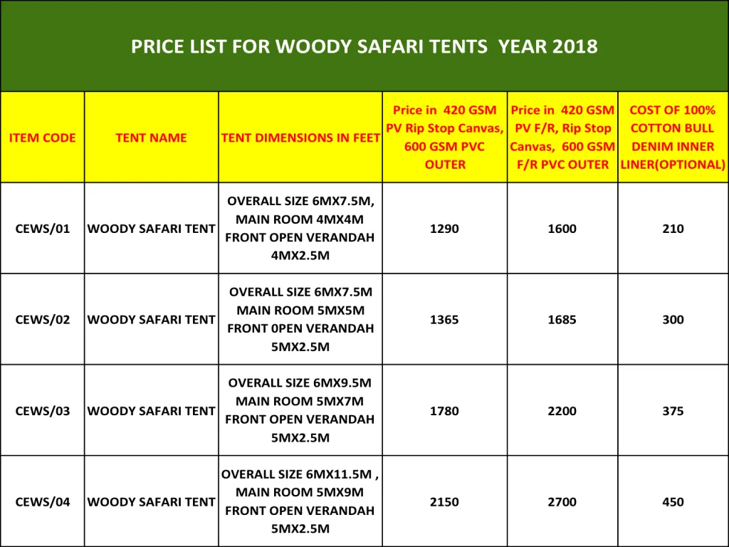 WOODY SAFARI TENTS PRICE LIST 2018